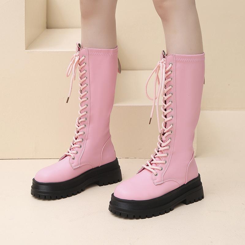 Fashion Lace-up Skinny Boots Women's Autumn and Winter Small Round Toe Versatile Block Heel Platform Thigh Boots