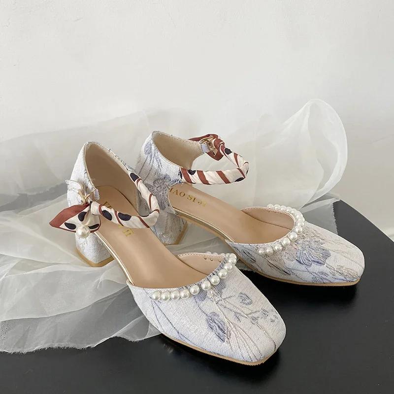 Fashion Beaded Bow Mary Janes High Heels Shoes Women Print Random Summer Sandals 2024 Lolita Dress Pumps Square Toe Femme Zapatillas