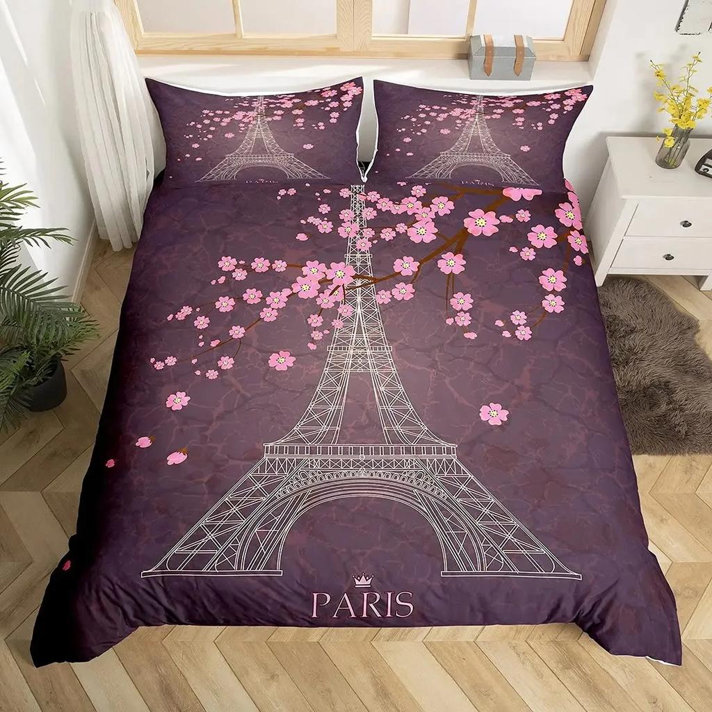 Paris Duvet Cover Set Queen Size Eiffel Tower Bedding Set Girls Black and Pink Paris Comforter Cover Romantic French Quilt Cover