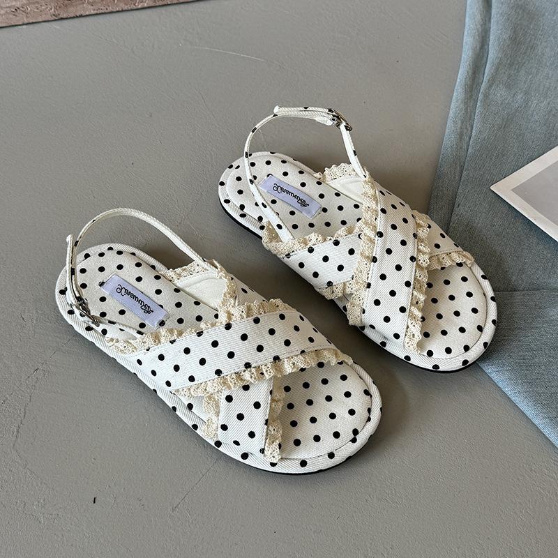 

Niche design sense lace lace toe sandals women s 2025 new fashion versatile skirt one-word slippers 35 бежевый