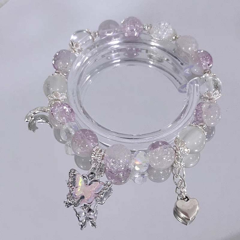 Korean Pink Crystal Flowers Butterfly Pendant Beaded Bracelet For Women Sweet Beaded Chain Bracelet Jewelry Gifts