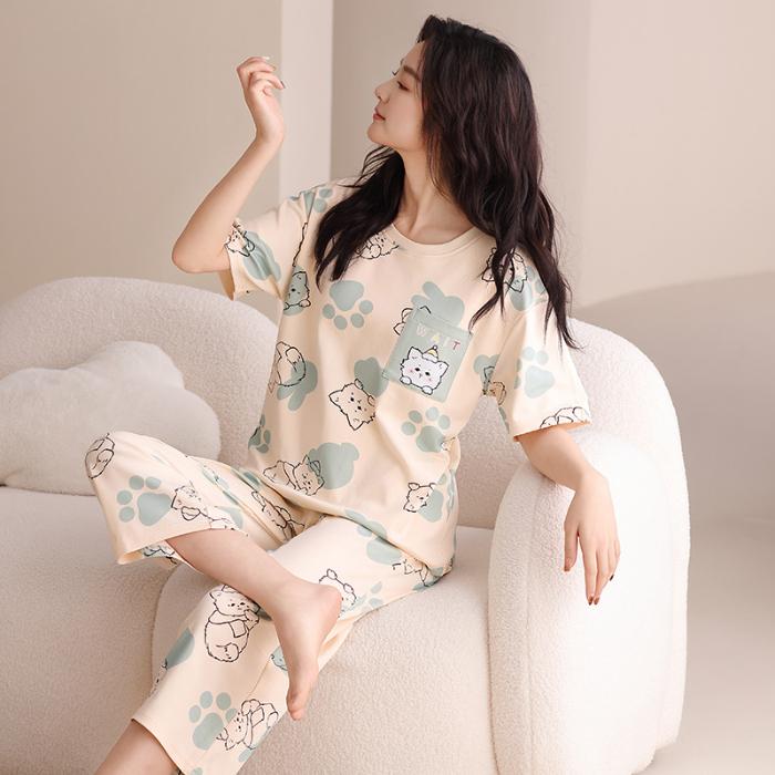 

Летняя тонкая хлопковая пижама для женщин с рисунком из мультфильмов, топы с короткими рукавами и брюки-капри, женская повседневная пижама, домашняя одежда XL