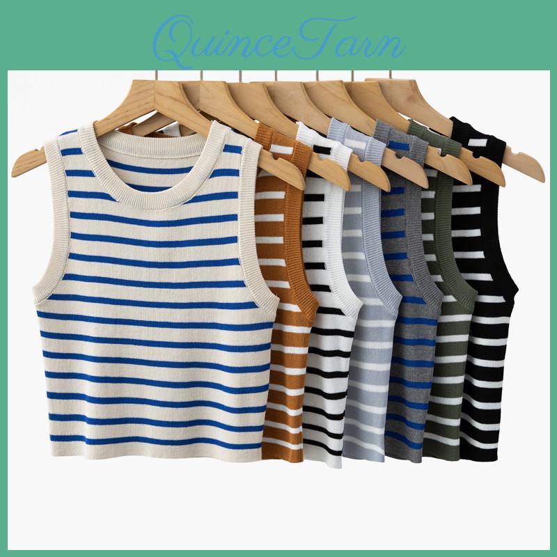 Harajuku Elasticity Women Yoga Sleeveless Crop Tops Allmatch Camisole Y2k Kintted Sports Tops Oneck Casual Thin Stripe Slim Tank Tops Summer