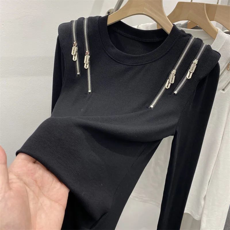 Spring Autumn Women s Solid Color O Neck Long Sleeve Slim Pullovers Zipper Trendy Comfortable Commute S чёрный