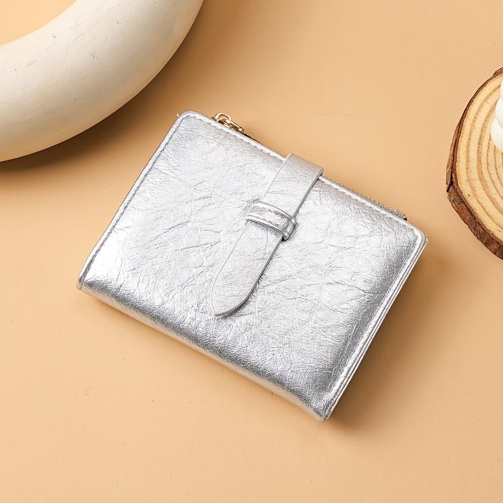 Портативный женский кошелек из ПУ-кожи, однотонный, складной, короткий кошелек, выдвижная конструкция, кошелек большого объема из кожи для женщин серебряный