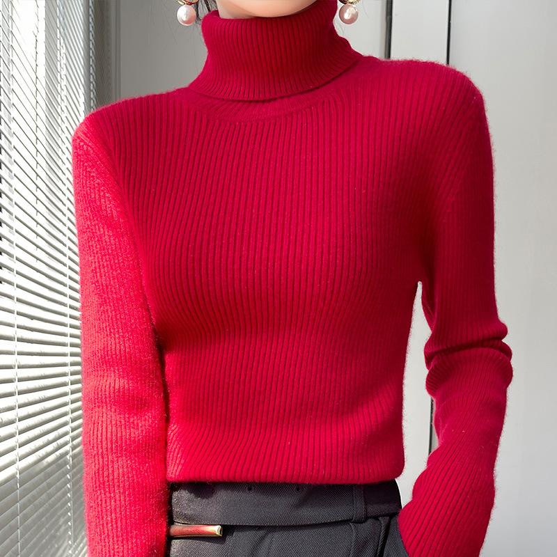 Women's Winter Thickened High Roll-Neck Slim-Fit Long Sleeve Knit Base Layer (Non-Wool) for Autumn & Winter