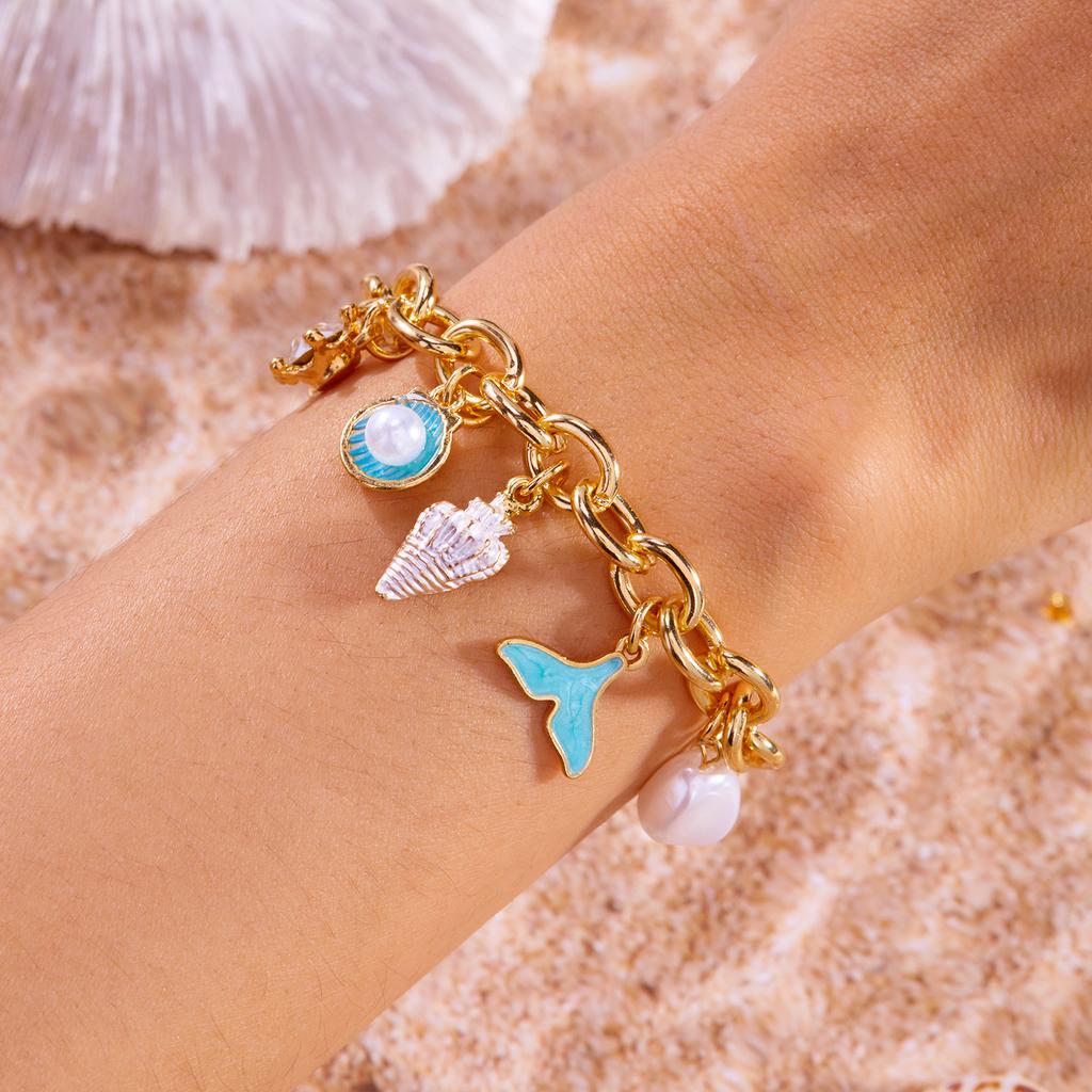 Ocean Starfish Shell Conch Charm Bracelets for Women Delicate Chuny Chain Imitation Pearl Fishtail Bracelet Wristband Jewelry