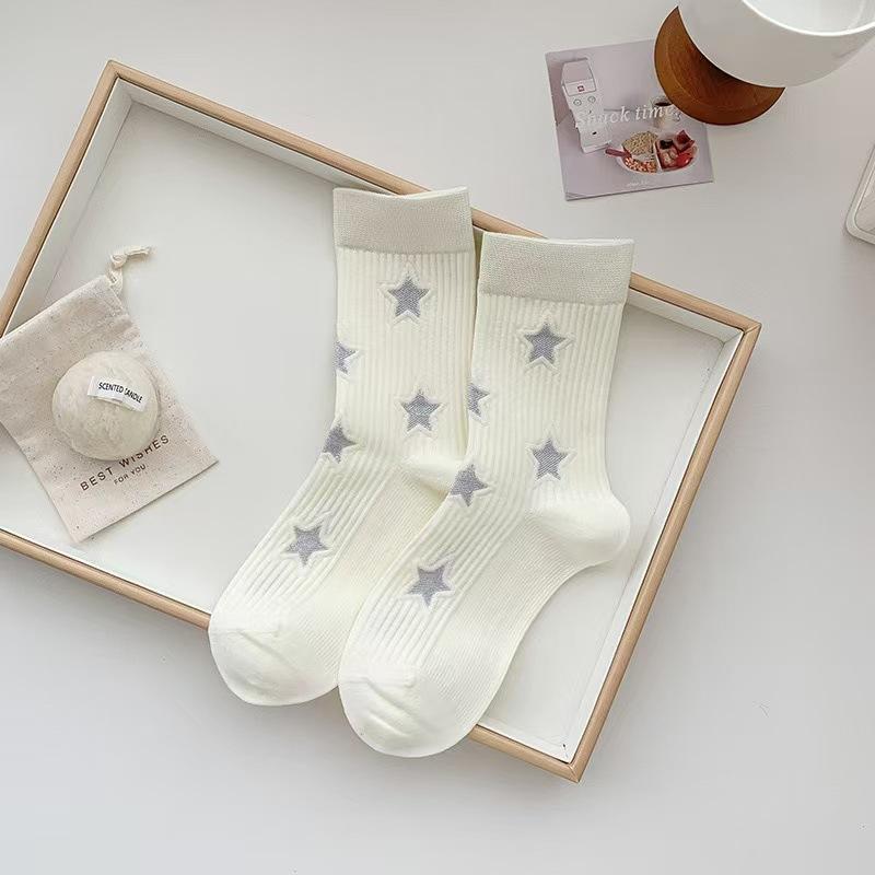 

Female Spring and Autumn Pure Cotton Star Style Preppy Sports Tube Socks 1 pair молочный белый