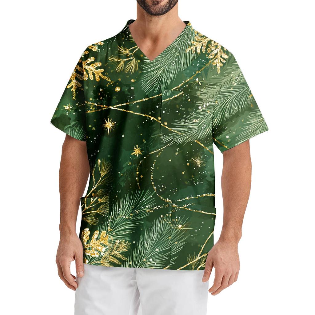 Bedrucktes kurzärmliges Herren-Arbeitsbluse mit V-Ausschnitt und Brusttasche für Pfleger