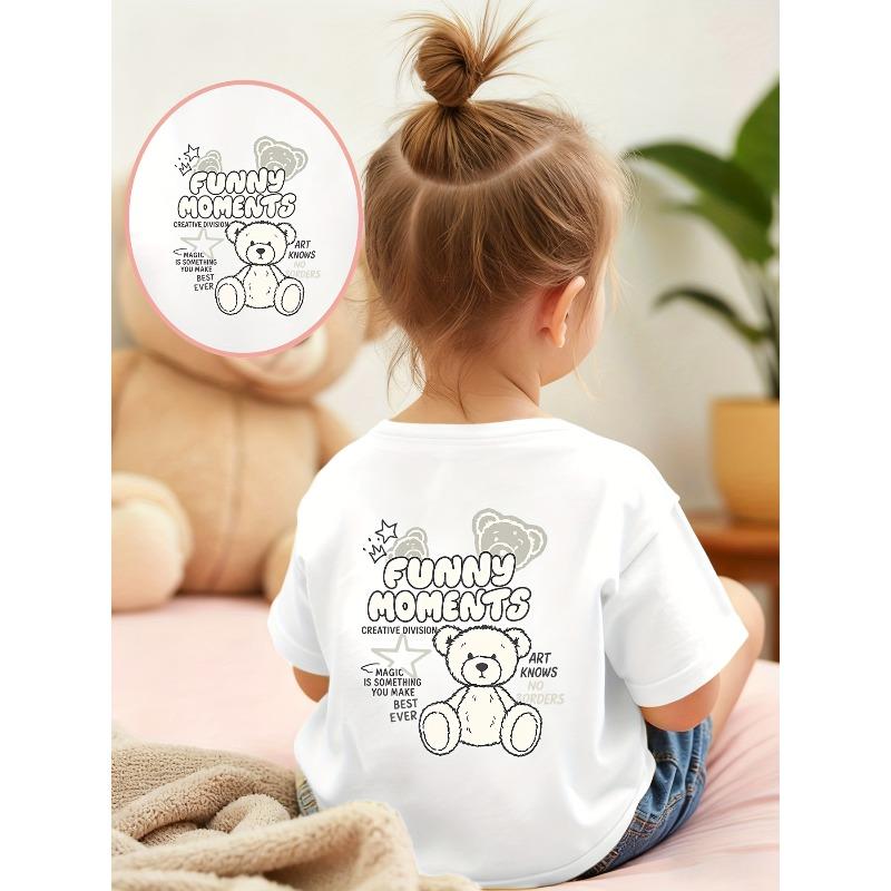 Girls Funny Bear Front Back Print  Crewneck Summer Casual T-Shirt 110 белый