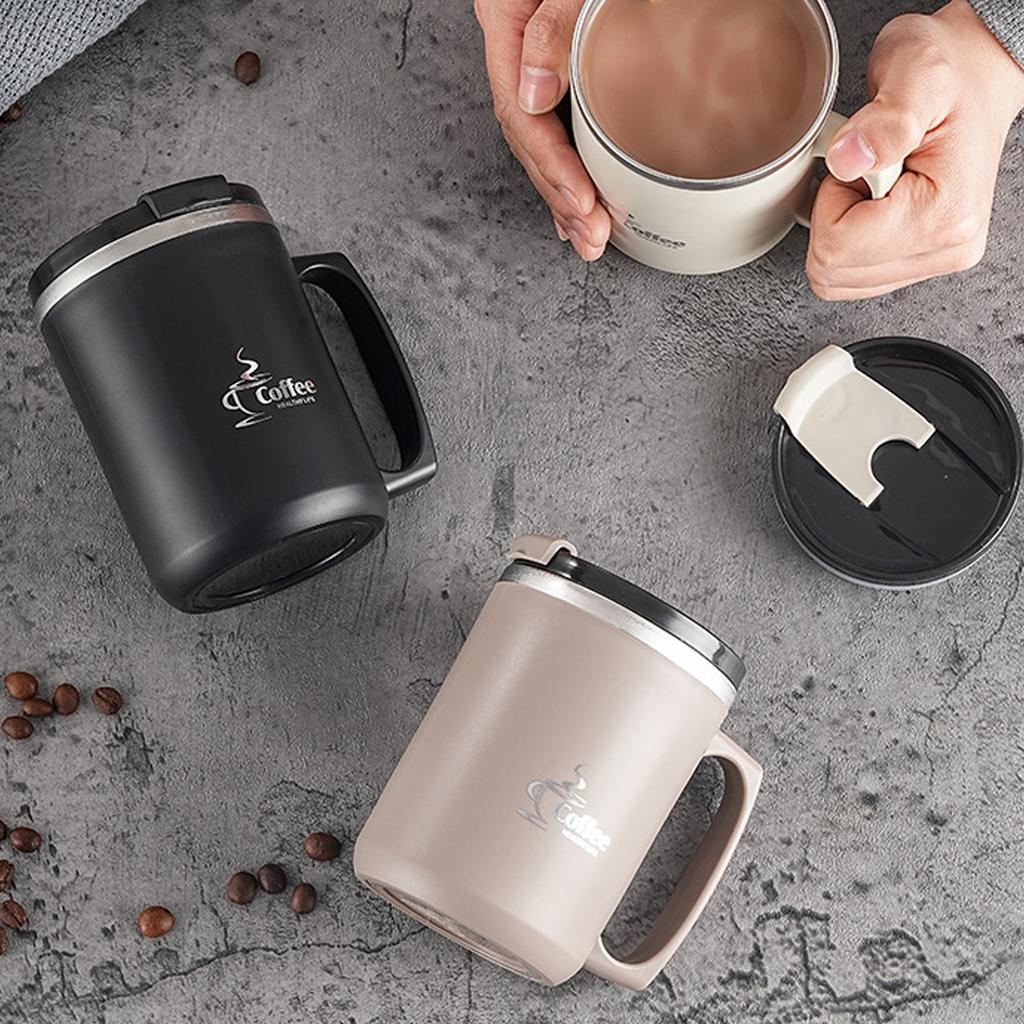 WORTHBUY Double Wall Thermal Insulated Coffee Cup Mug Office Drinking Cup Heat-resistant Leak-proof Water Cup With Handle&Lid