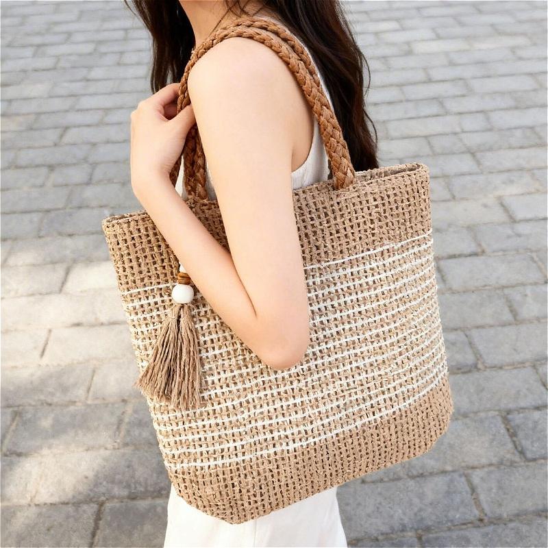 

Women Straw Tote Bag Large Capacity Woven Handbag Summer Beach Bag Tassel Decor Boho Shoulder Bag Handmade Rattan Tote хаки