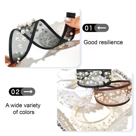 Widened Curved Hair Hoop, Breathable Mesh Base Headband with Imitation Pearls Decor, Anti-Slip Hemming Face Shaping Hair Accessory