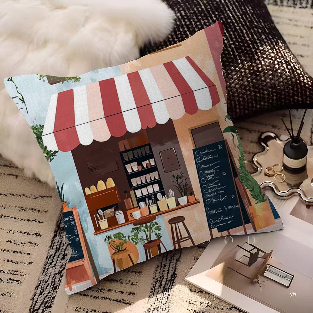 Coffee Shop City Bakery Illustration Decorative Room Aesthetics Pillow Case Home Decor Bedroom Sofa Bed Couch Pillow Cover 45x45