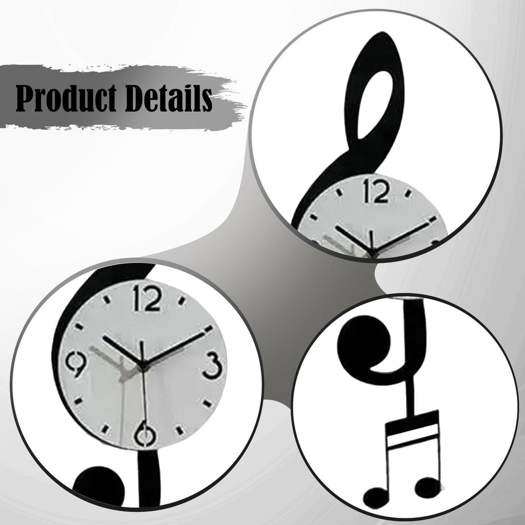 Music Note Wall Clock Quiet Acrylic Easy Read Decorative with Pendulum No Ticking for Cafe Kitchen Farmhouse Bathroom Home
