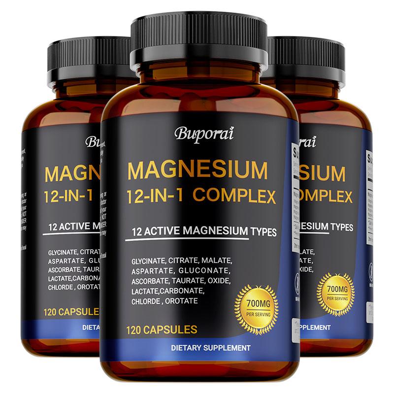 Magnesium 12-in-1 Complex Capsules, 700 Mg Per Serving, Containing a Mixture of Magnesium Glycine, Magnesium Citrate, and Magnesium Malate.