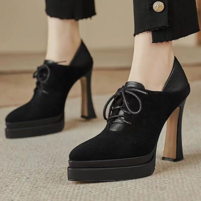 Kvinners spisse plattformsko i semsket skinn med høye hæler Moteselskapsko Kvinne Høst 2025 Trend Elegante kontorpumps Zapatos Mujer