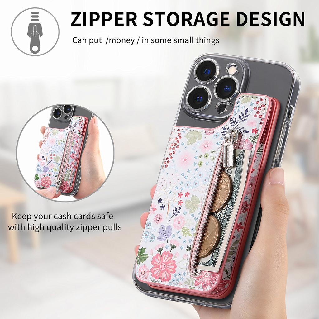 1Pc Flower Painted Phone Case Card Holder With PU Leather Back Sticker Card Bag Portable Adhesive Universal Zipper Wallet Deskto