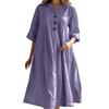 Women's Mid-Length V-Neck Cotton Linen Dress with Short Sleeves and Three-Button Pocket