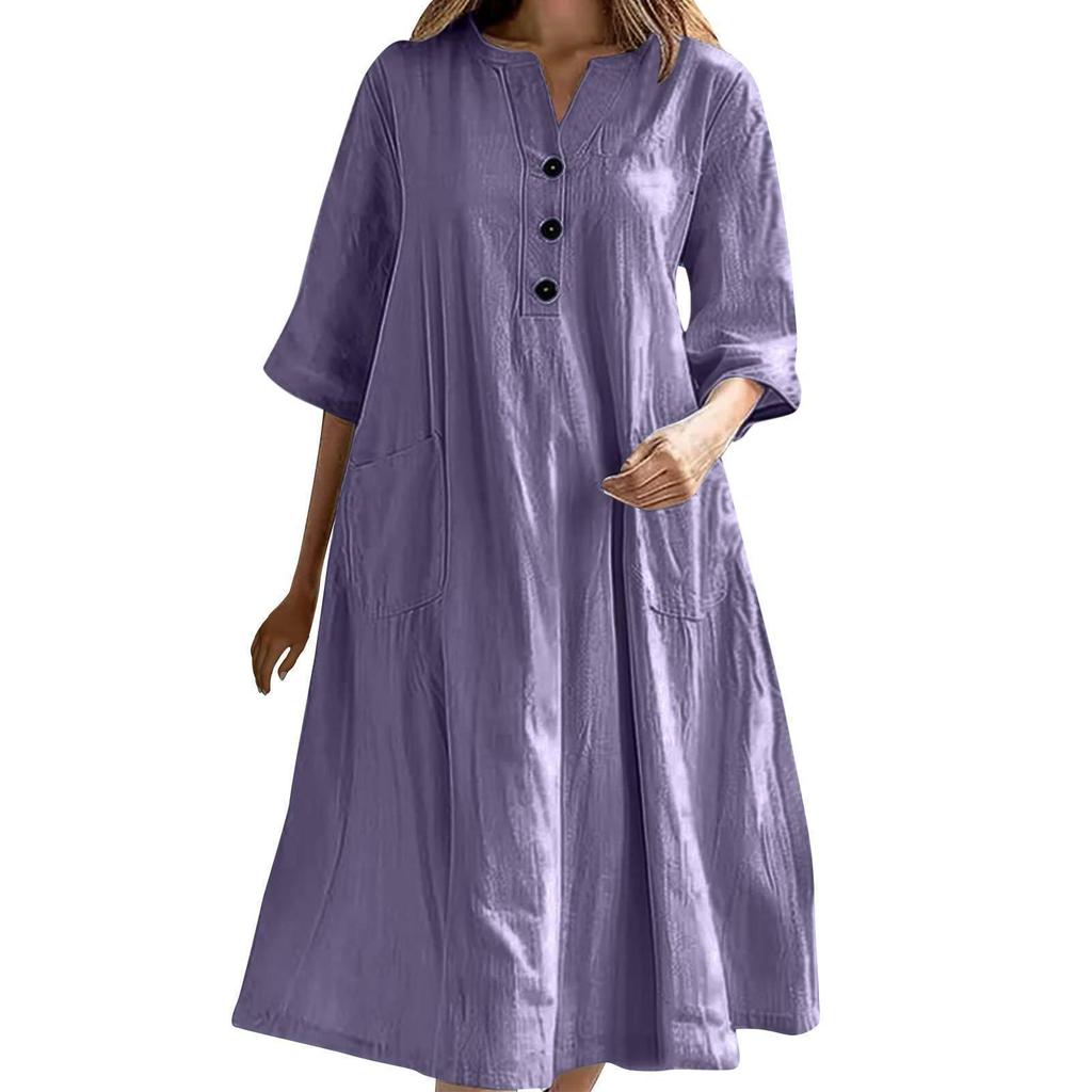 Women's Mid-Length V-Neck Cotton Linen Dress with Short Sleeves and Three-Button Pocket