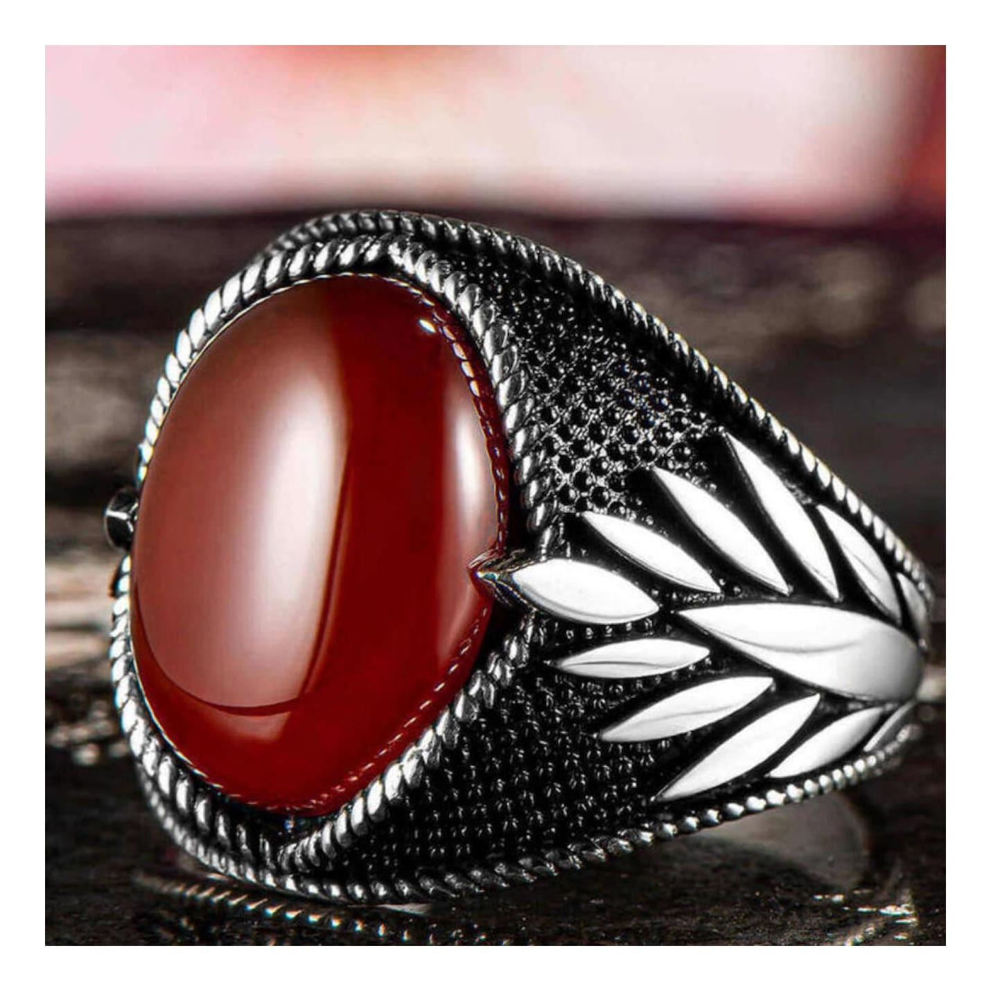 

Мотив листьев 925 пробы Серебряный бордовый красный агат Камень мужское кольцо