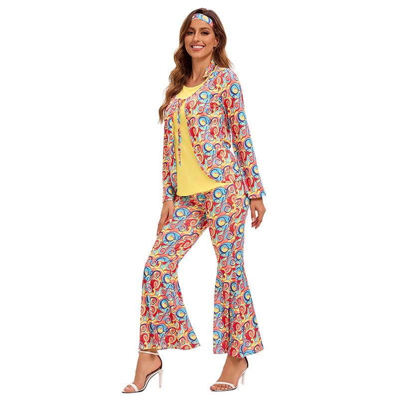 Retro 70s Hippie Costume Men Women Cosplay Party Stage Outfit Set With Headscarf Wig Vest Belt