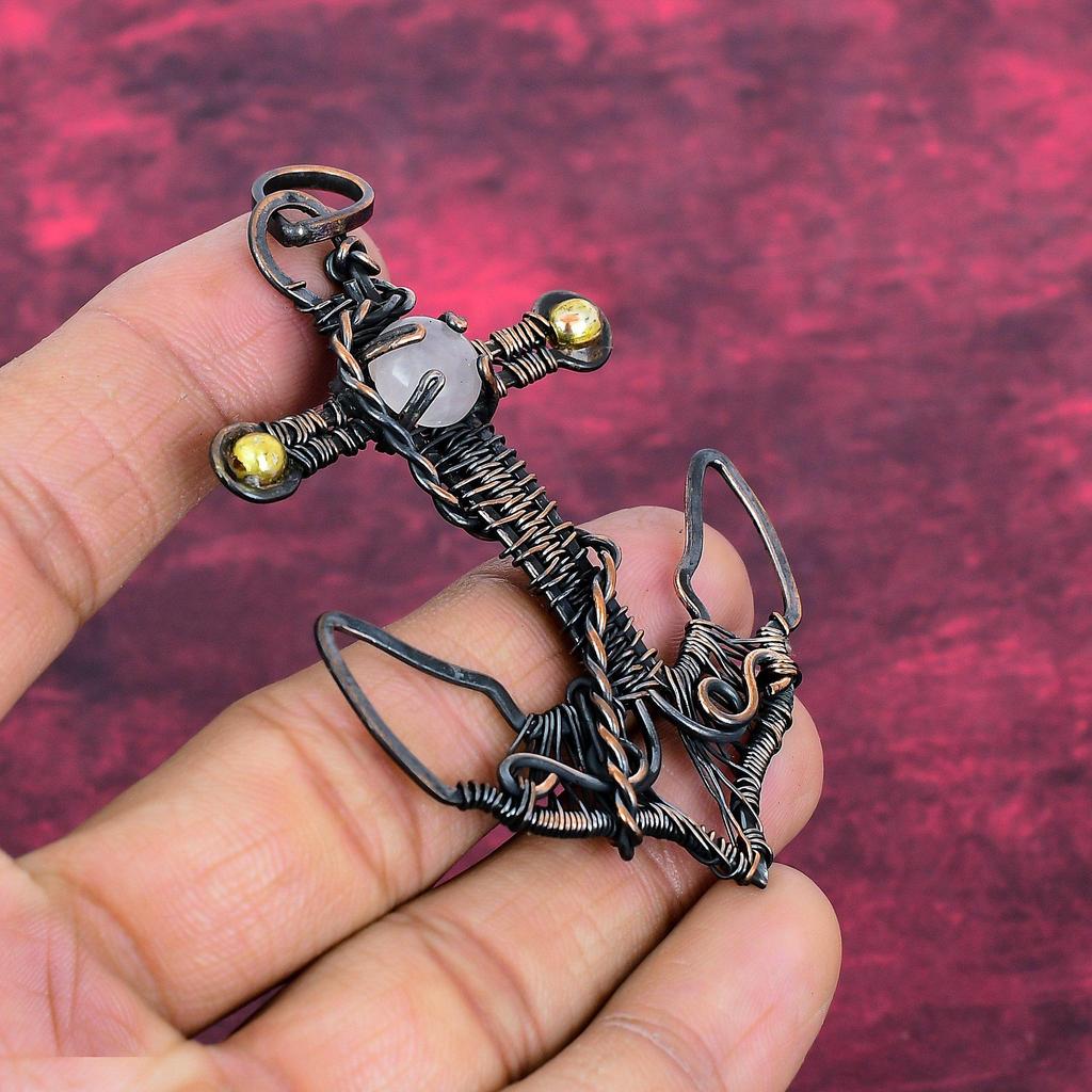 Rose Quartz Pendant Gemstone Jewelry Anchor Pendant Copper Wire Wrapped Jewelry