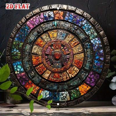Vintage Round Metal Sign Ancient Calendar Stained Glass Style Wall Art Home Decor Indoor