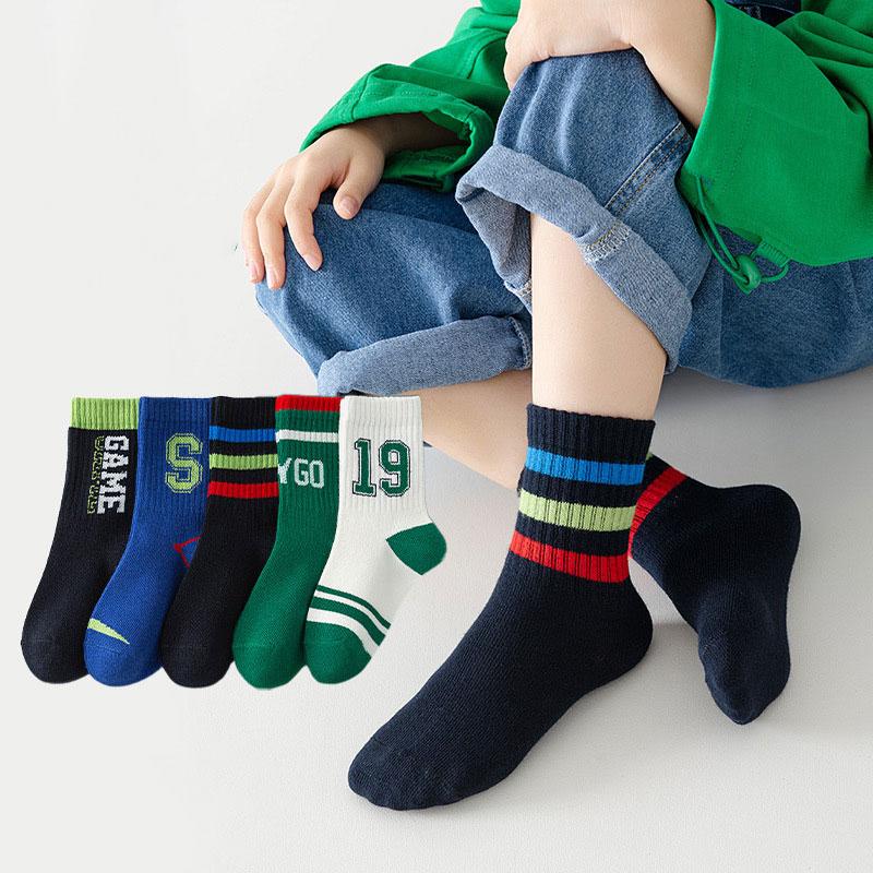 Calzini a righe con numeri per bambini, primavera, autunno, morbidi calzini in cotone per ragazzi, calzini corti elastici casual per bambini e studenti, 5 paia