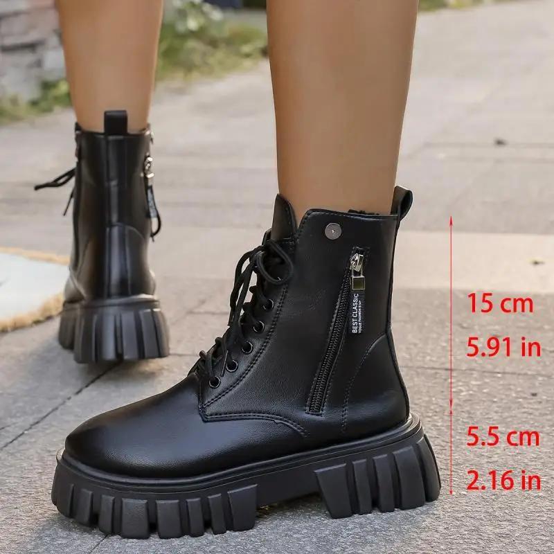 Punk Solid Black Lace Up Riding Boots Women 2025 Winter Thick Bottom High Heel Ankle Boots Side Zip Decoration Shoes