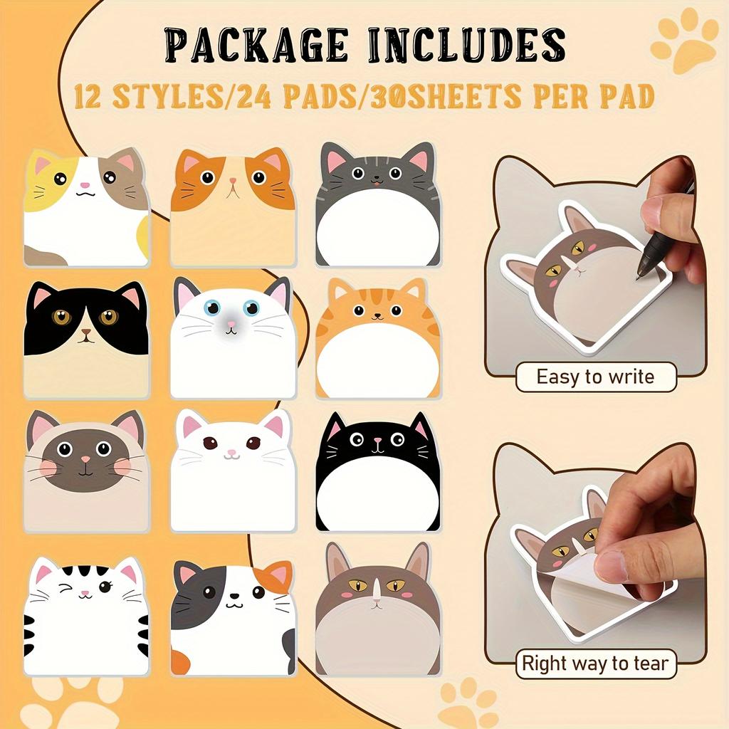 12pcs Cute Cat Sticky Notes, Creative Journal Convenience Stickers, Suitable For Notebook And All Kinds Of Note Taking Occasions