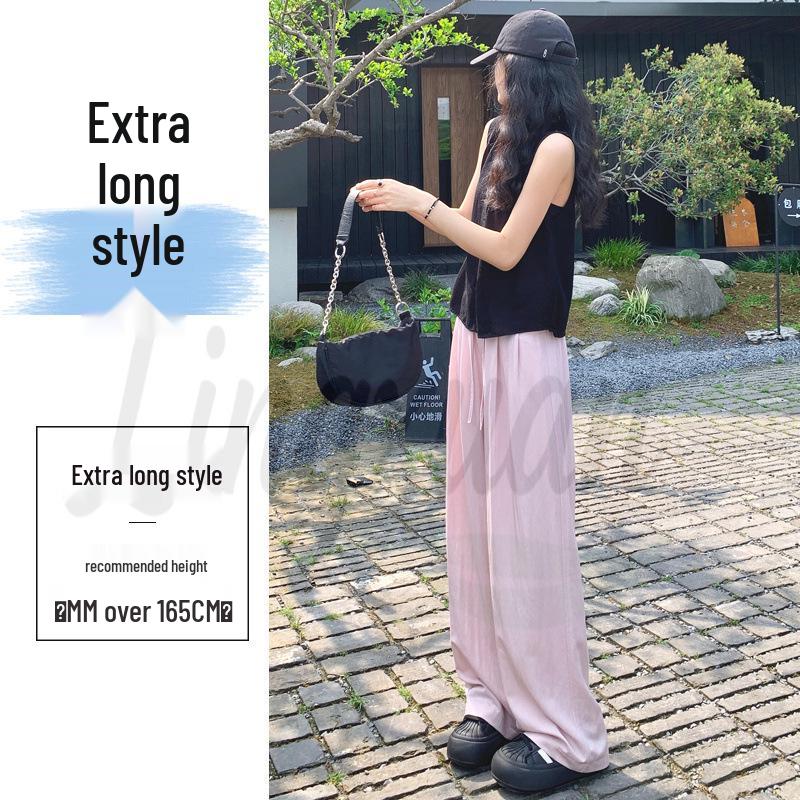 Women's Ice Silk High Waist Tencel Cotton Wide-Leg Pants - Summer Pink, Loose Fit