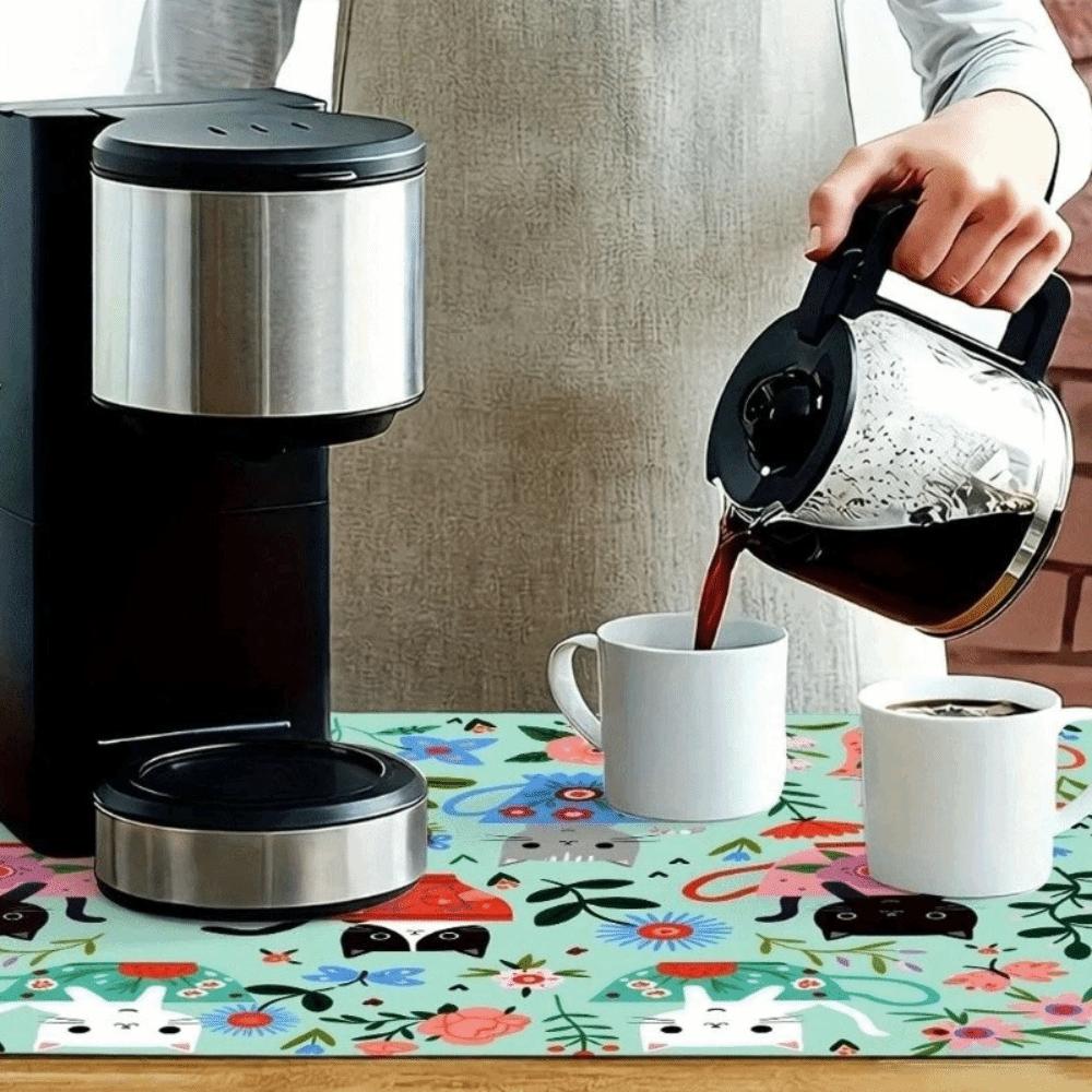 Tappetino per Macchina del Caffè con Gatto Cartone Animato e Fiori Tappetino Dolce Antiscivolo per Asciugare i Piatti Tappetino Rettangolare Assorbente per Cucina Tavola da Pranzo