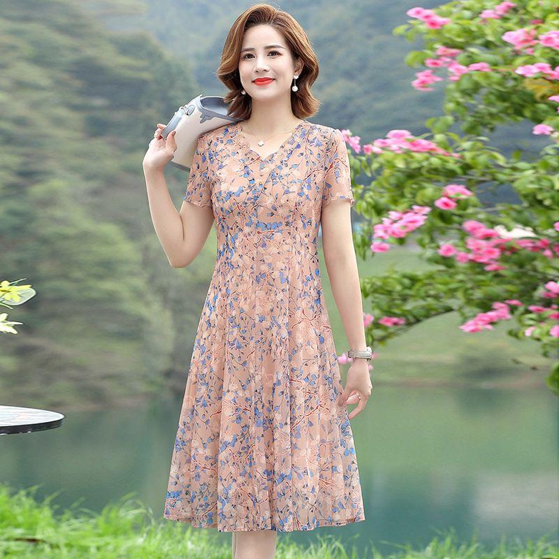 Large Size Dress Women Short Sleeved Loose Floral Dress Summer Mesh Breathable Dress A-line Print Mid Length Dress