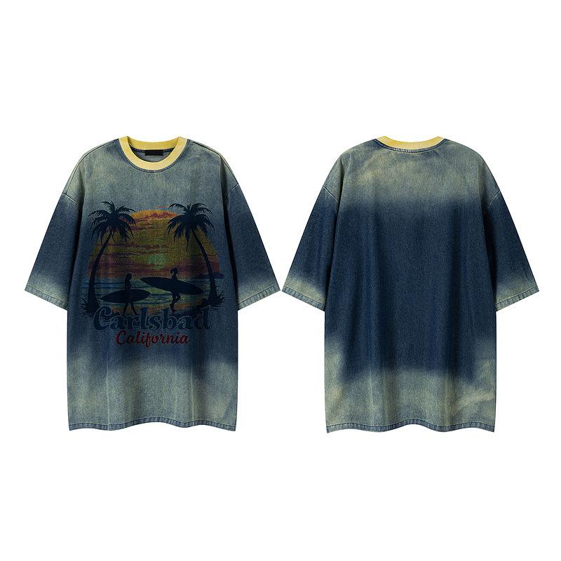 American Retro Seaside Sunset Printing Short-sleeved T-shirt Men's 2026 New Loose Bf Style Old Denim Top