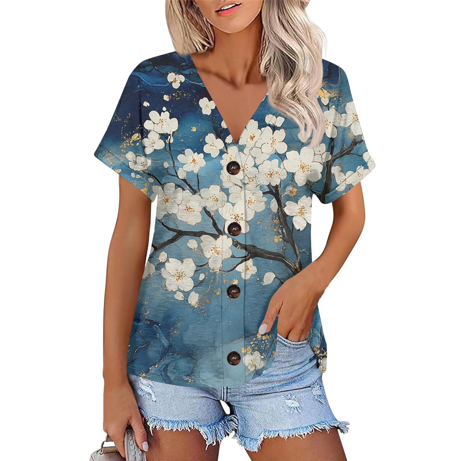 

Женская мода с короткими рукавами и V-образным вырезом, повседневная футболка с пуговицами XL