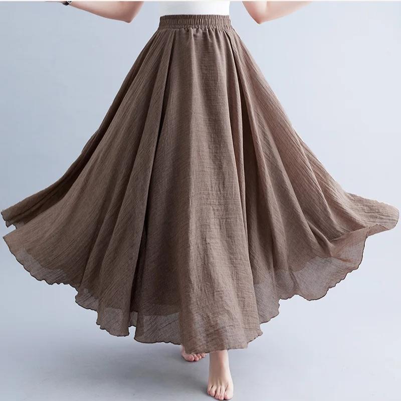 Women Linen Cotton Long Skirts Elastic Waist Pleated Maxi Skirts Beach Boho Vintage Summer Skirts Faldas Saia