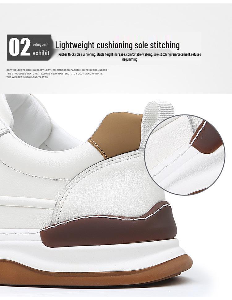 Men's Genuine Leather Crooked Head White Sneakers - Spring, Versatile, Thick Sole, Breathable, Hollow Casual Board Shoes