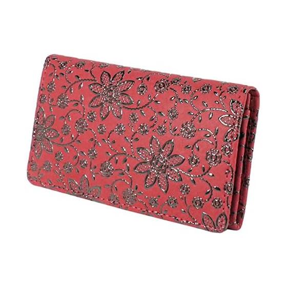 Indenya Card Case, Large Capacity, Deer Leather, Red Base x Black Lacquer, Clematis Pattern, 2501-03-169