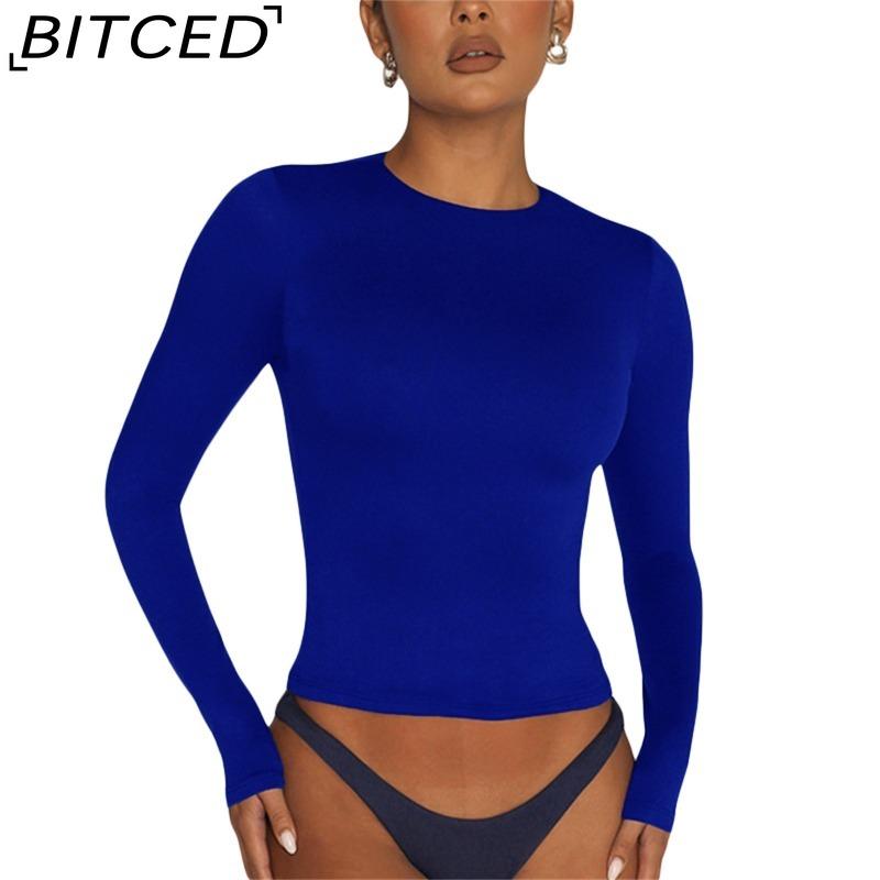 BITCED Women's Spring/Autumn T-Shirt Solid-Colour O-Neck Base Layer Slim-Fit Long-Sleeved Top