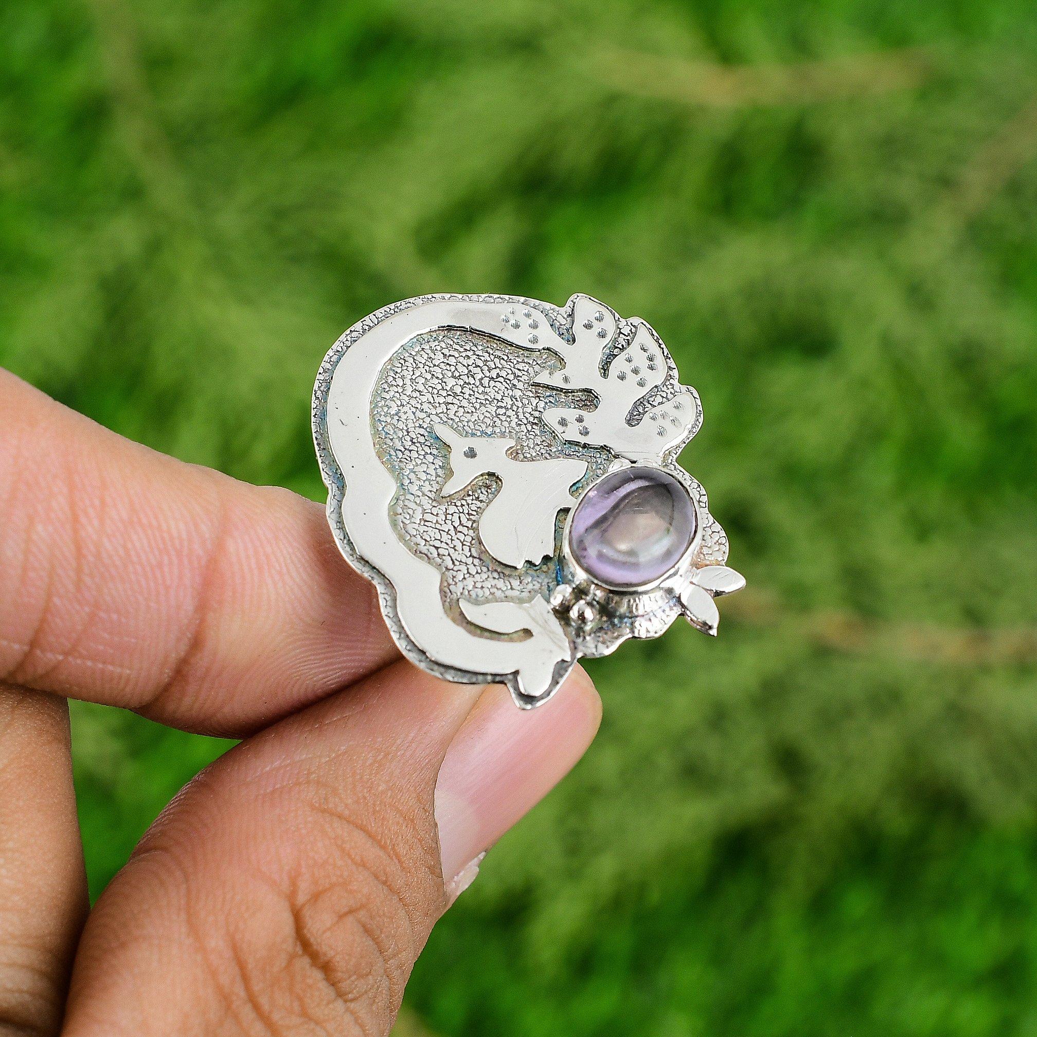 

Серебро 925 пробы Натуральный африканский аметист Февраль Рождение Солитер Мама Бохо Кольцо Adjustable