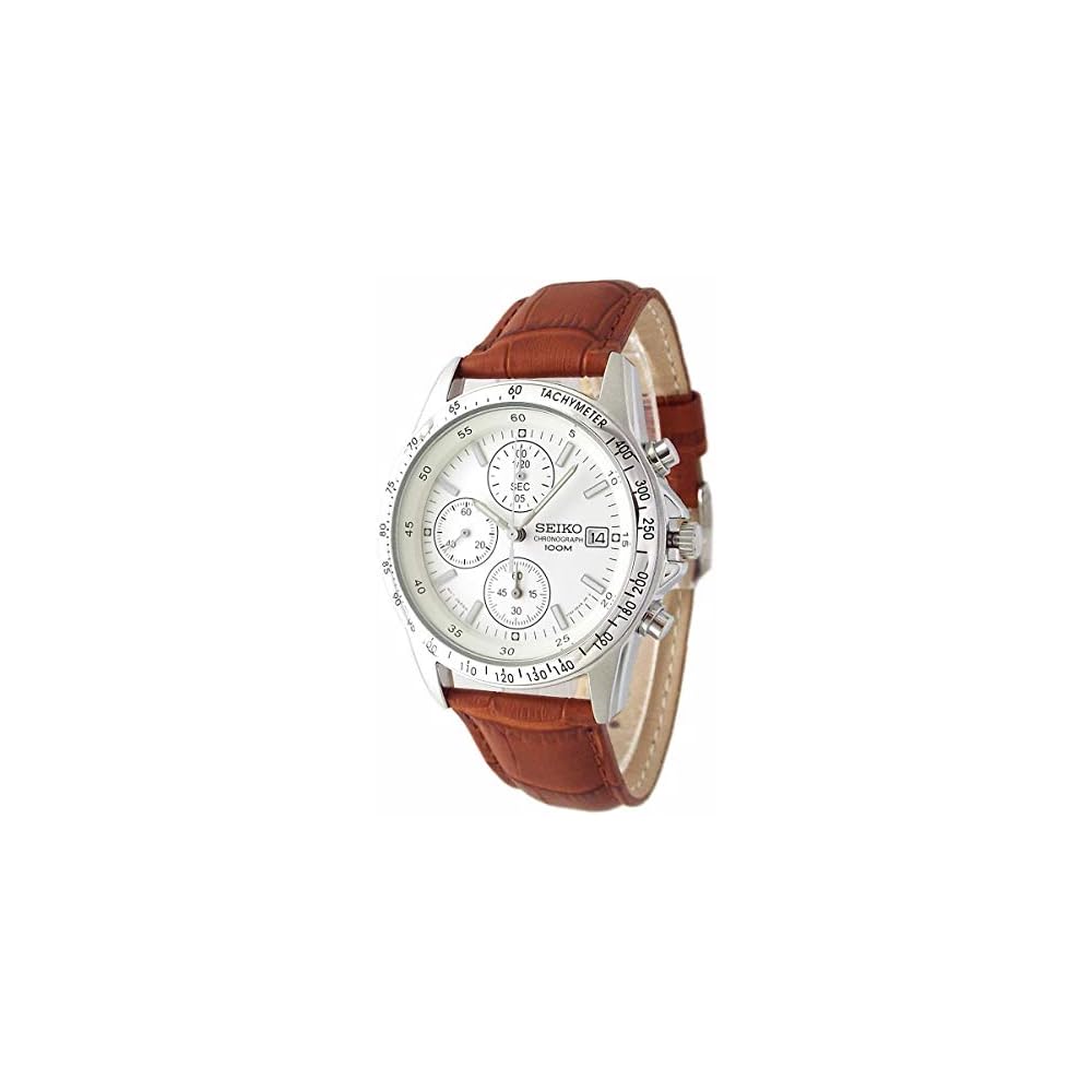 Seiko Chronograph Watch White Light Brown Camel Leather Strap Set SND363P1-LBR
