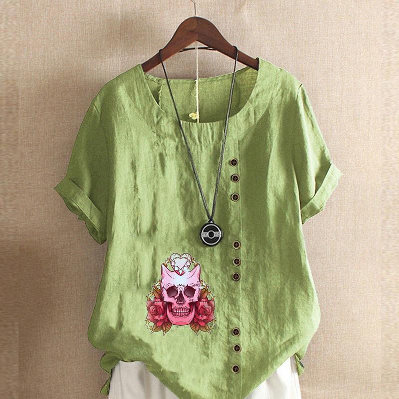 Women's Fashion Round Neck Short Sleeve T-shirt Casual Cotton Linen Graphic Shirt Leisure Loose Flower Prined Summer Blouse Tops