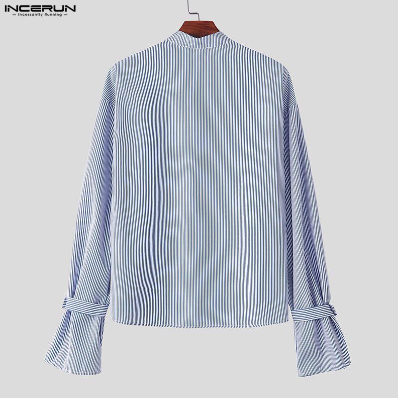 INCERUN Oversized Men Casual Loose Long Sleeve Striped Print Buttons Shirts Tops