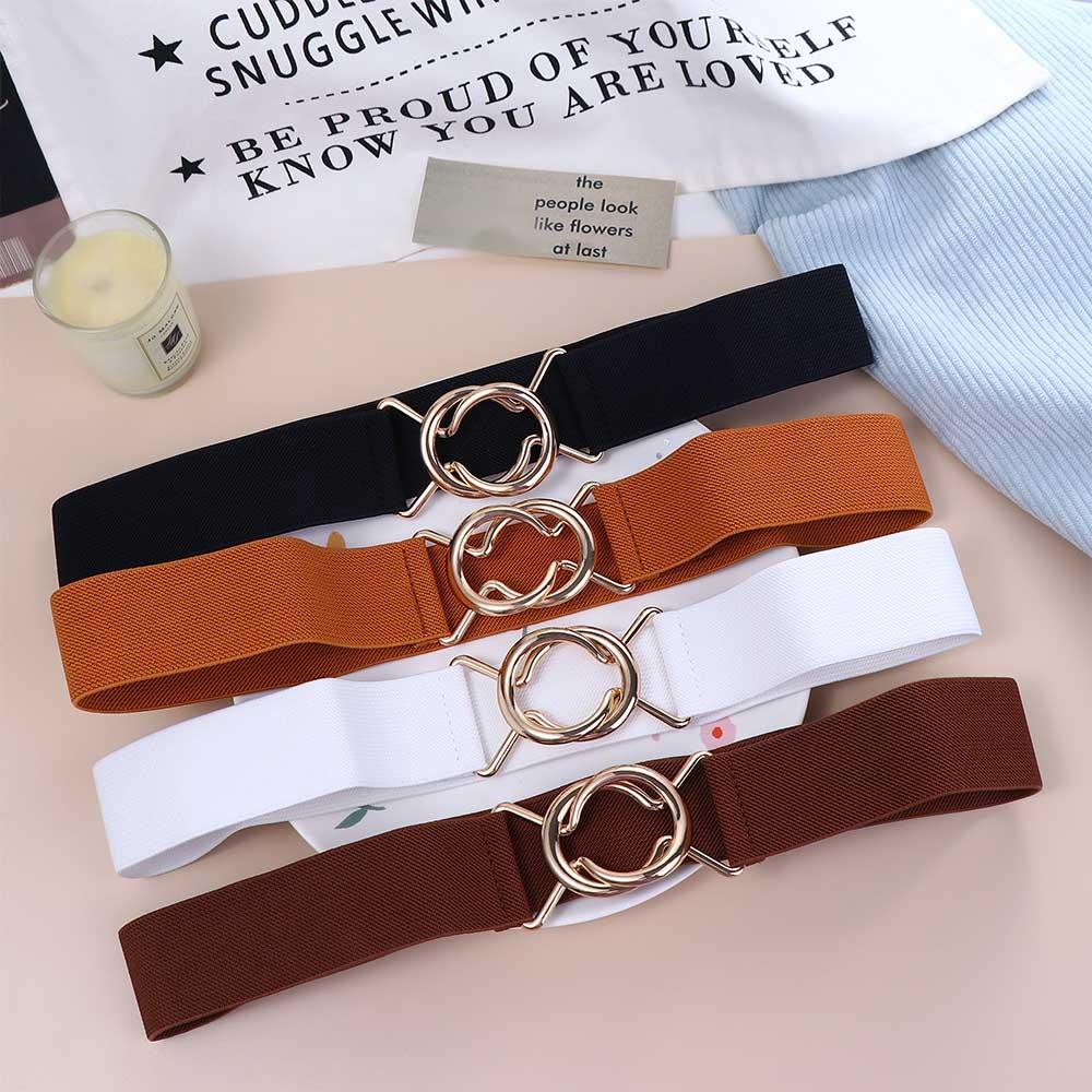 Solid Color Knot Gold Round Buckle Belt Women Waistband Female Waist Strap Elastic Waist Belt