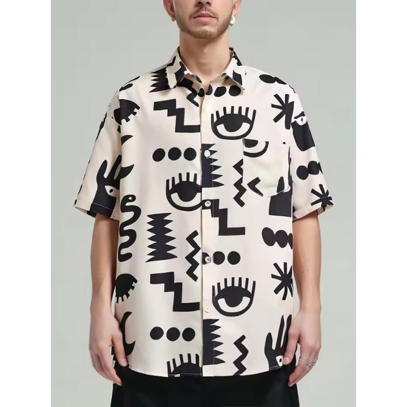Retro Hiphop Print Kurzarmhemd Herren Mode Marke Personalisiert Locker Lässiger Mantel Sommer Tops