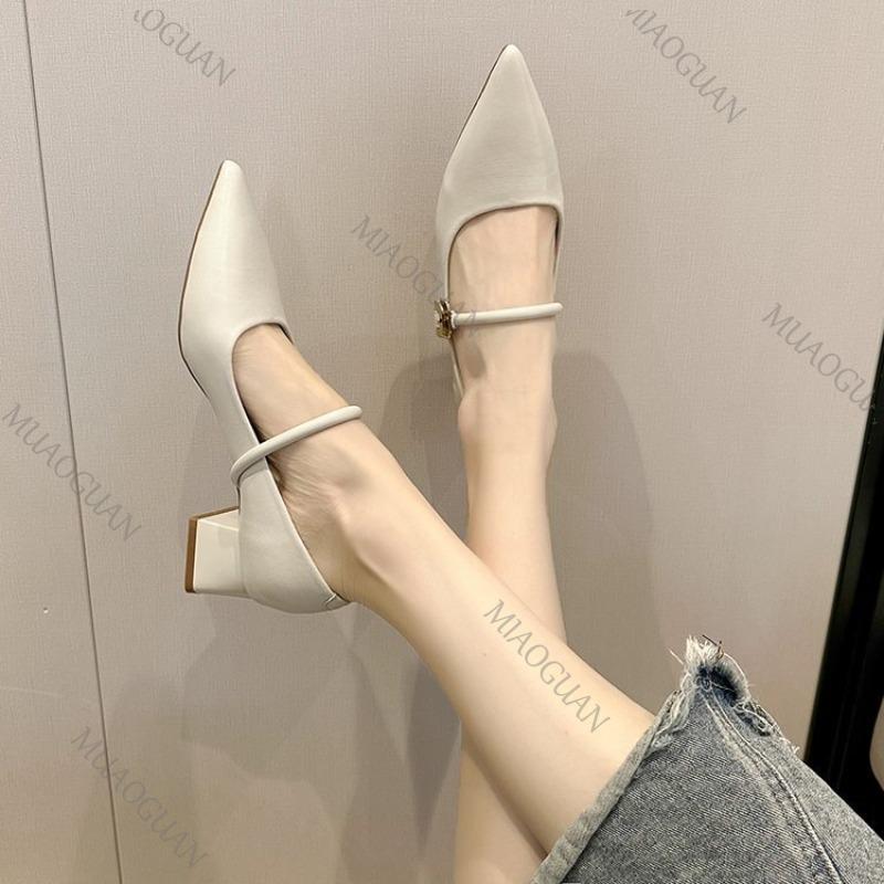 Fashion Spring Autumn New Pointed Single Shoes Women Thick Middle Heel Shallow Mouth Pumps Elegant Solid Belt Buckle Heels for Women