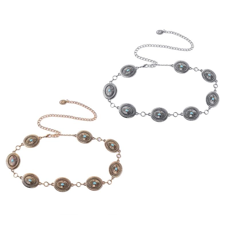 Women Waist Chain Banquet Waist Chain with Carved Turquoise Buckle Adjustable