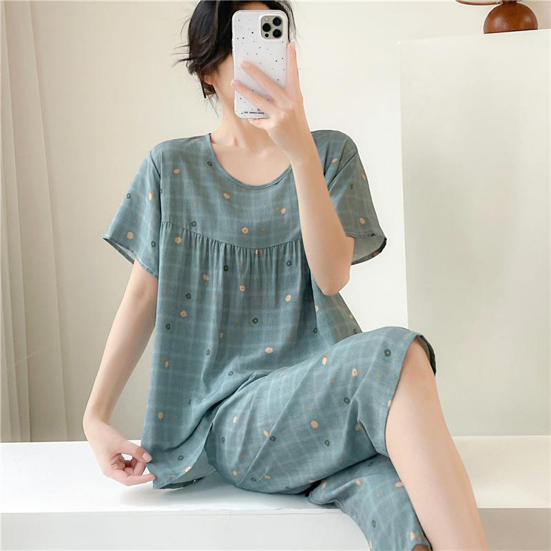 New cotton and silk pajamas women's summer thin two-piece set short-sleeved rayon cotton silk cute loose large size loungewear