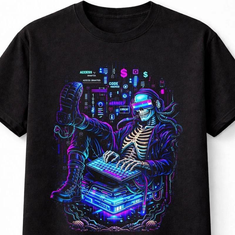 Cyberpunk Hacker Skeleton Gamer Graphic Black Unisex TShirt S